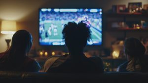 Friends gather living room in evening watch cool football match on television. African american family cheers soccer on TV, support favorite team. Sports fans at home bets on victory. Back rear view.
